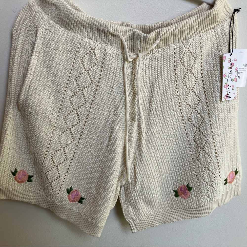Forever 21 Betsey Johnson Cream Knit Shorts with Embroidered Floral Detail